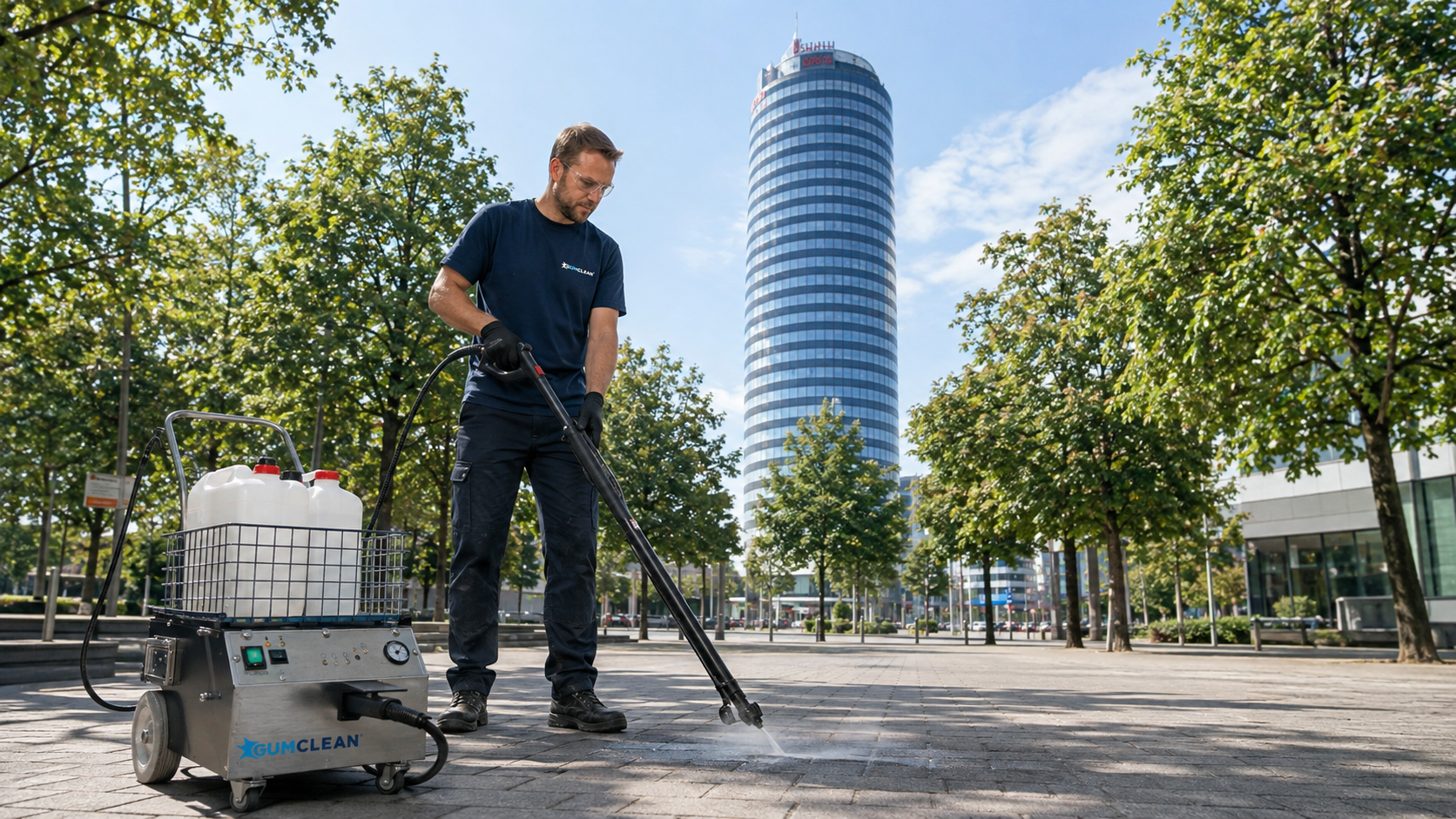 Praxistraining: Anwender entfernt Kaugummi mit dem GUMCLEAN-System auf einem städtischen Platz